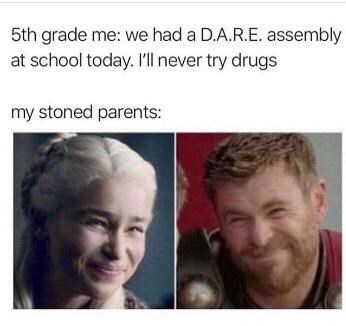 Hair - 5th grade me: we had a D.A.R.E. assembly at school today. I'll never try drugs my stoned parents: