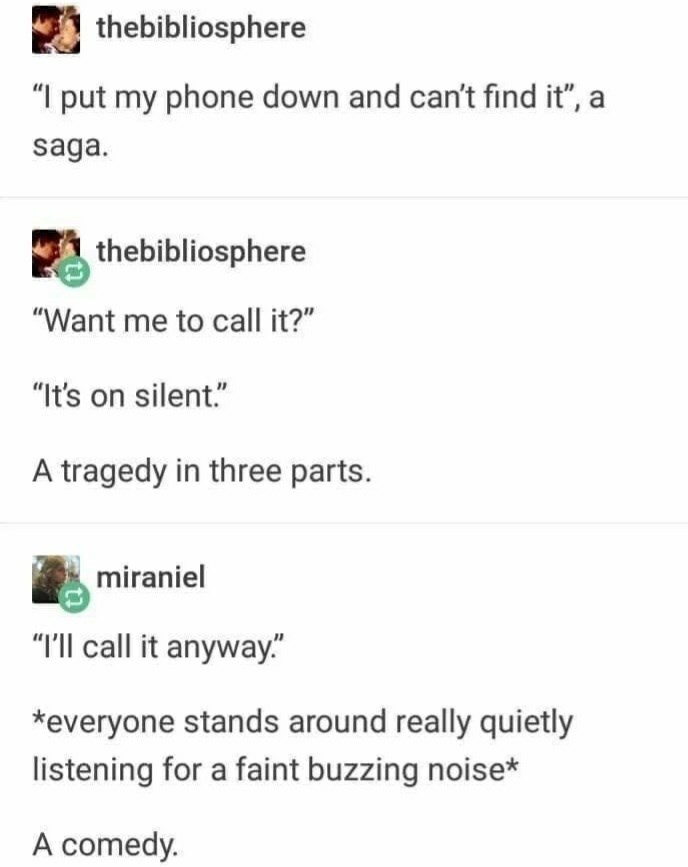 Font - thebibliosphere "I put my phone down and can't find it", a saga. thebibliosphere "Want me to call it?" "It's on silent." A tragedy in three parts. miraniel "I'll call it anyway." *everyone stands around really quietly listening for a faint buzzing noise* A comedy.