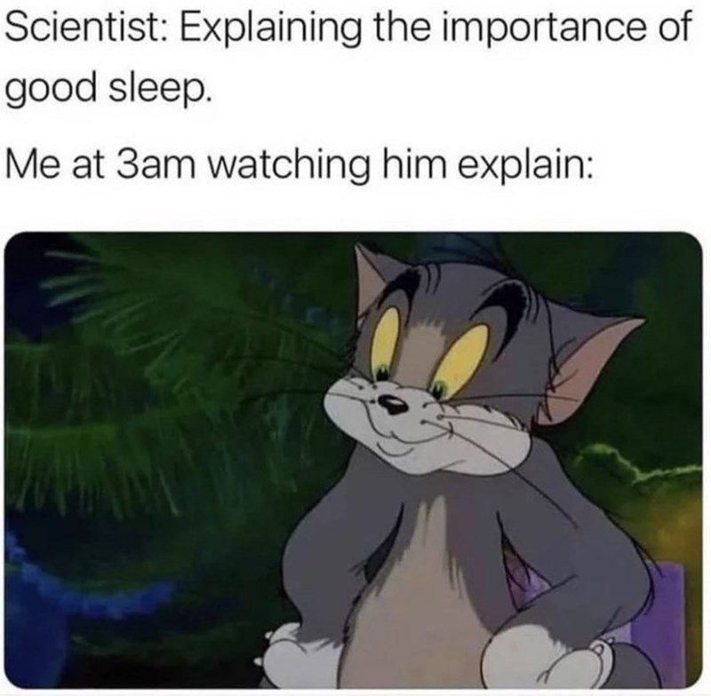 Cartoon - Scientist: Explaining the importance of good sleep. Me at 3am watching him explain: M