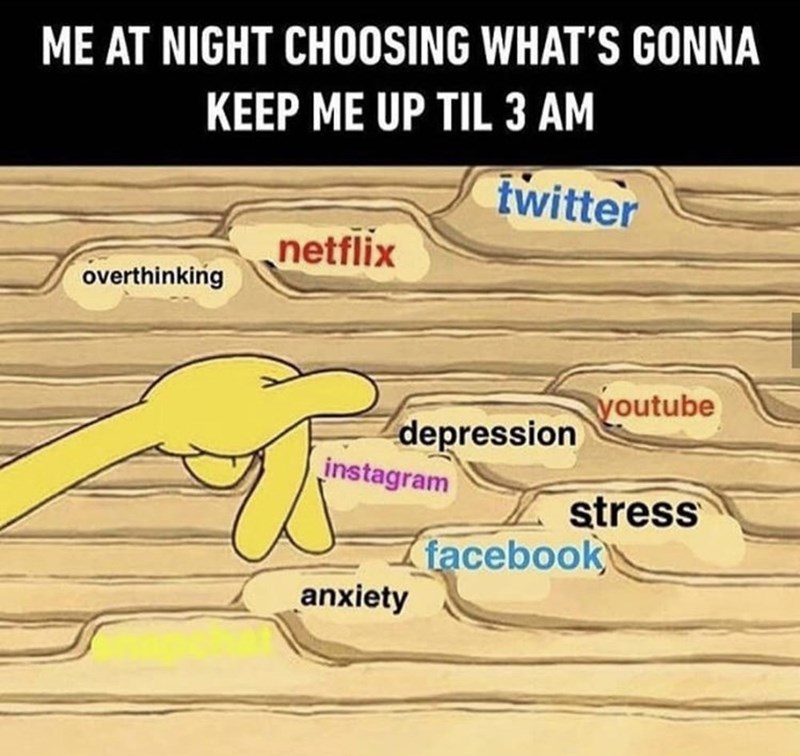 Ecoregion - ME AT NIGHT CHOOSING WHAT'S GONNA KEEP ME UP TIL 3 AM overthinking netflix depression instagram twitter anxiety youtube stress Zfacebook