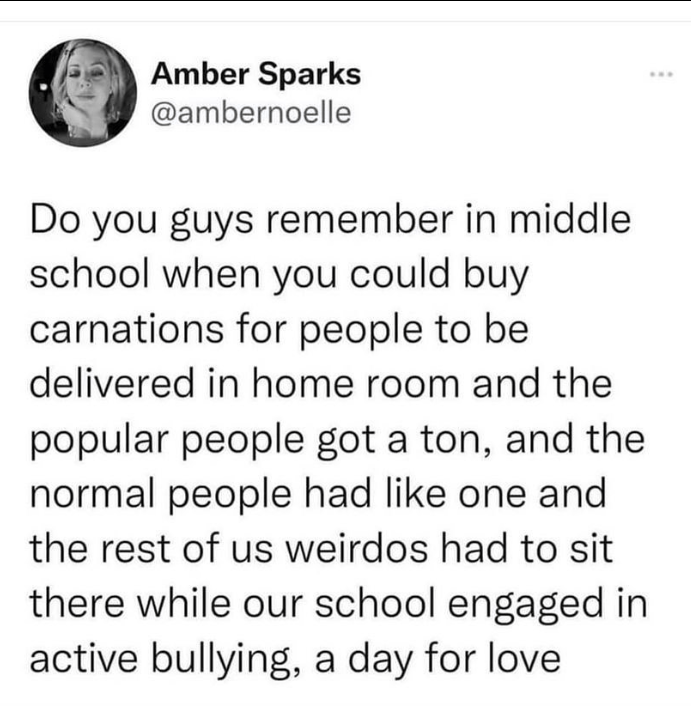 Font - Amber Sparks @ambernoelle Do you guys remember in middle school when you could buy carnations for people to be delivered in home room and the popular people got a ton, and the normal people had like one and the rest of us weirdos had to sit there while our school engaged in active bullying, a day for love ***