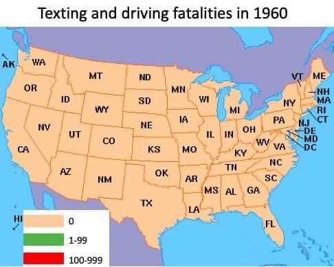 World - AK Texting and driving fatalities in 1960 CA WA OR NV ID UT AZ 1-99 MT WY CO NM 100-999 ND SD NE KS TX OK MN IA MO AR WI LA MI IL IN OH KY TN WV MS AL GA PA VA NC SC NY FL VT ME. NH MA NJ 950 RI CT DE MD DC