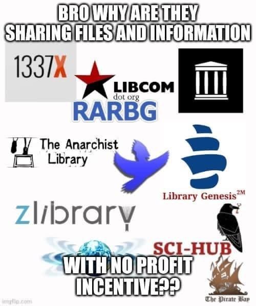 Font - BROWHY ARE THEY SHARING FILES AND INFORMATION 1337X LIBCOM dot org imgflip.com RARBG The Anarchist Library zlibrary Library Genesis M SCI-HUB WITH NO PROFIT INCENTIVE?? The Pirate Bay